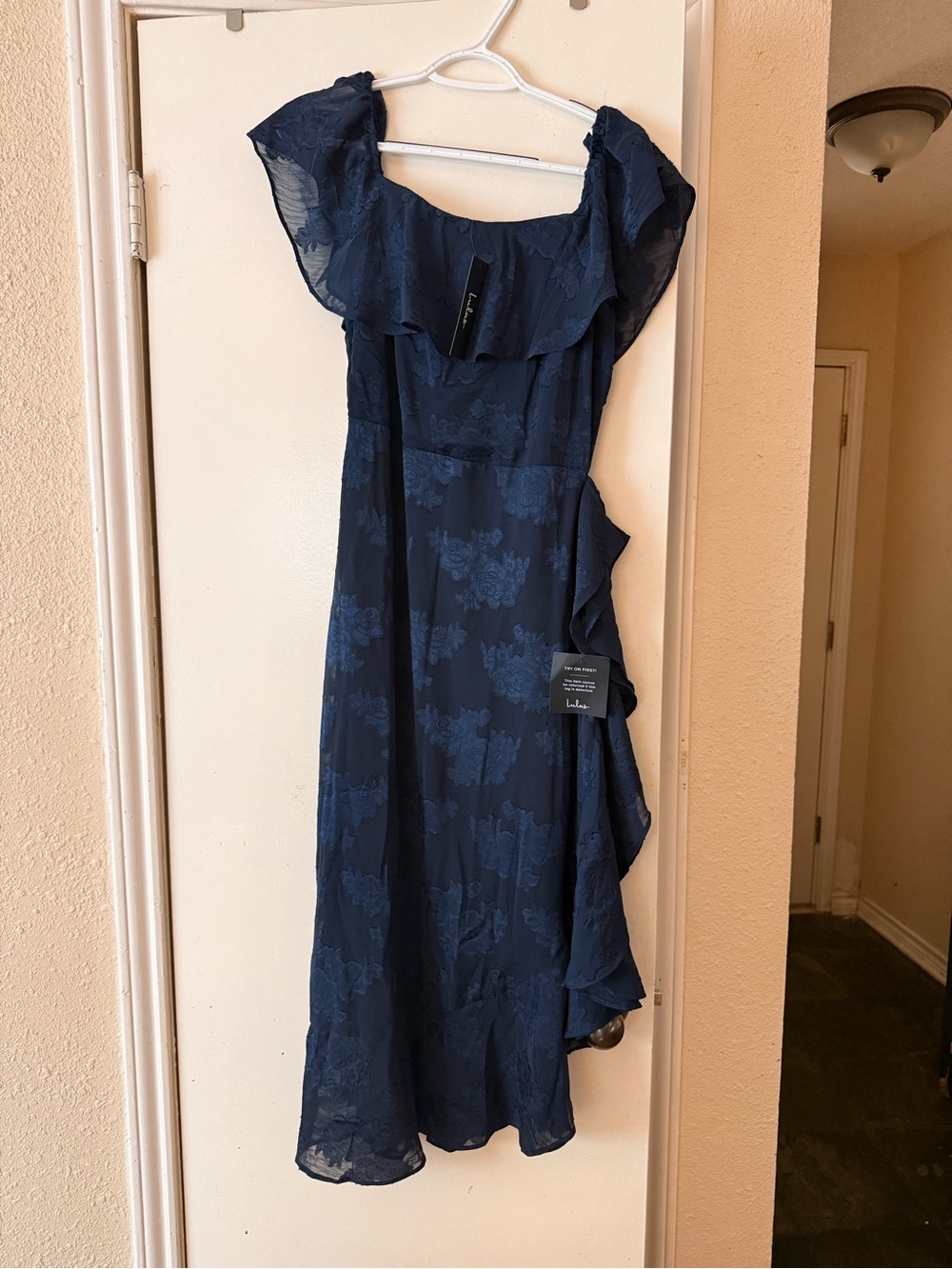 Lulu's Navy One-Shoulder Floral Ruffle Midi Dress